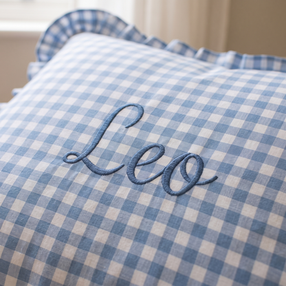 Little Teekie Personalised Gingham Ruffle Cushion Cover | Embroidered Name, 55 x 35cm – Blue – personalisation detail