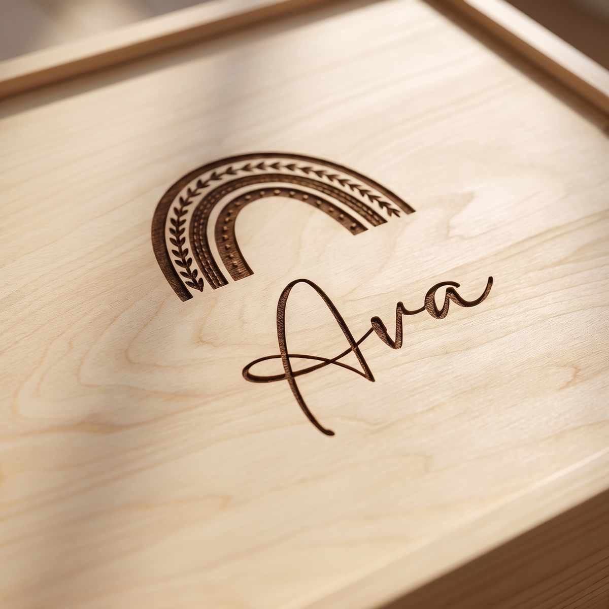 Little Teekie Personalised Keepsake Box | Engraved Name, Rainbow Design Pine 33 x 28cm – Natural Pine – personalisation detail