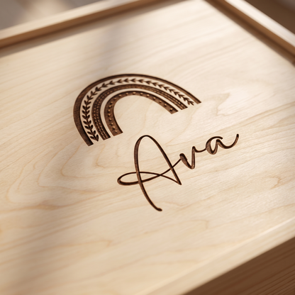 Little Teekie Personalised Keepsake Box | Engraved Name, Rainbow Design Pine 33 x 28cm – Natural Pine – personalisation detail