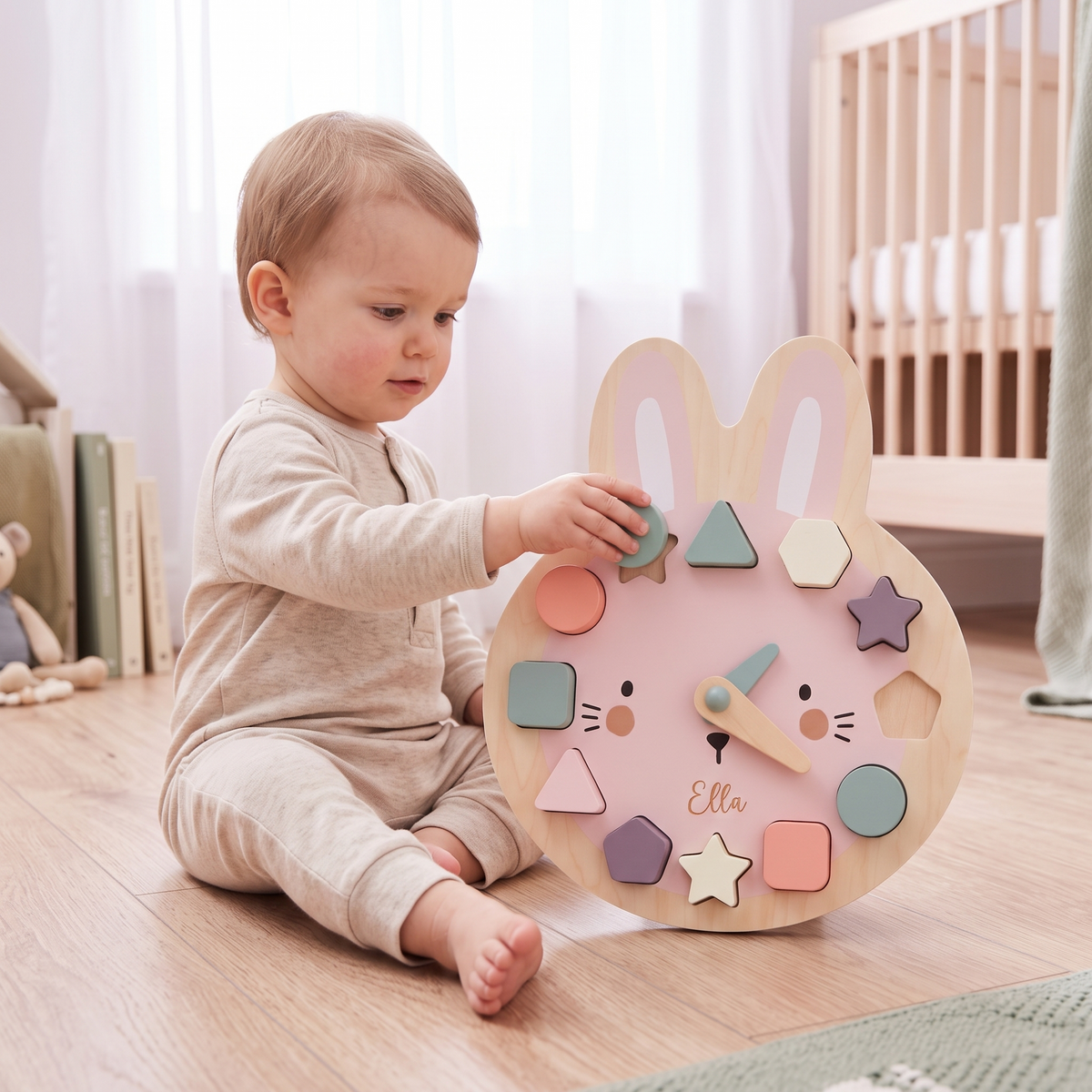 Little Teekie Personalised Bunny Clock Puzzle | Laser Engraved Name, 29 x 26cm FSC Timber – Pastel – in use, shows scale