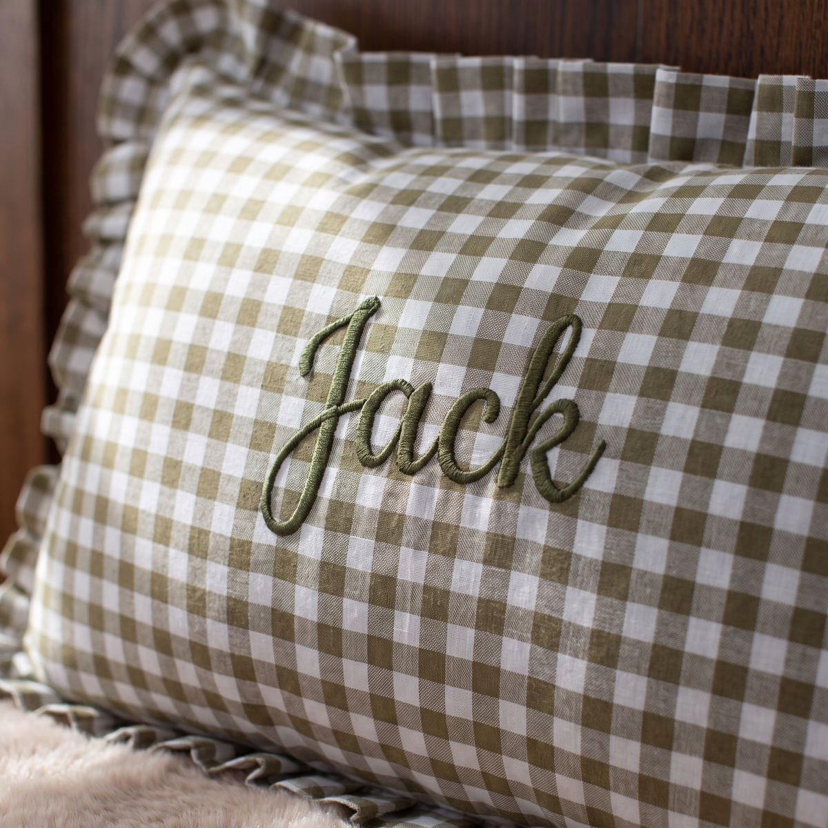 Little Teekie Personalised Gingham Ruffle Cushion Cover | Embroidered Name, 55 x 35cm – Olive Green – personalisation detail