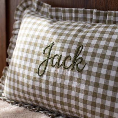 Little Teekie Personalised Gingham Ruffle Cushion Cover | Embroidered Name, 55 x 35cm – Olive Green – personalisation detail