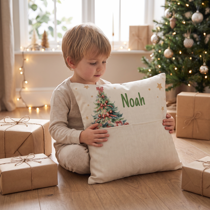 Little Teekie Personalised Elf Christmas Cushion | Front Pocket, 40cm with Insert – Natural – in use, shows scale