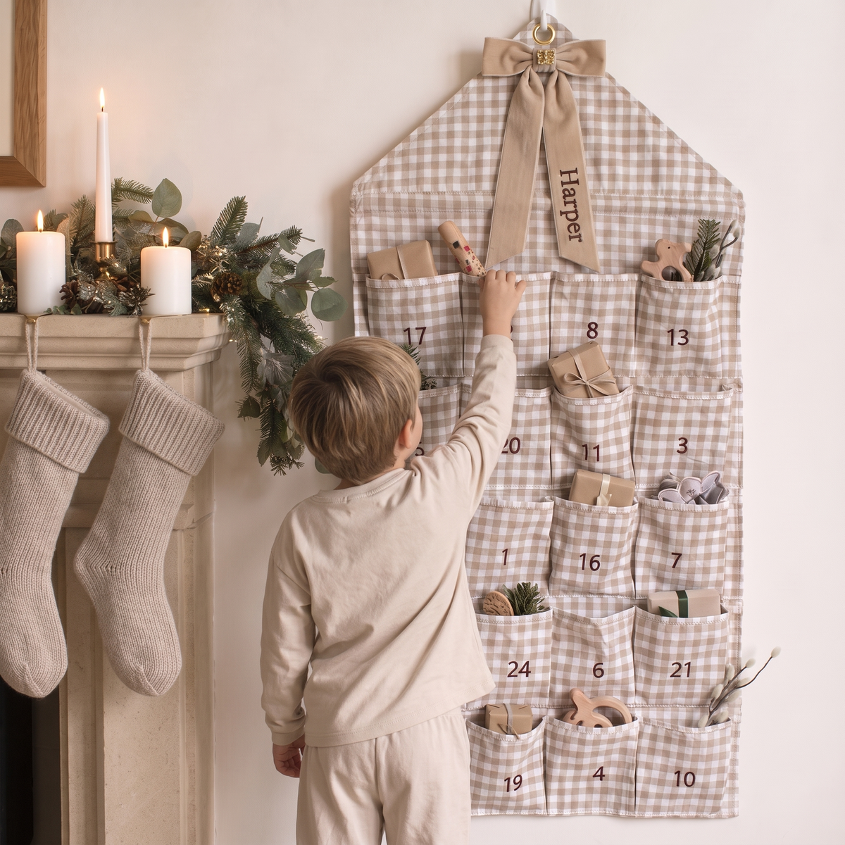 Little Teekie Personalised Gingham Advent Calendar | Velvet Bow Name, 120x50cm – Beige – in use, shows scale
