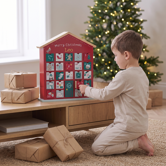 Little Teekie Personalised Advent Calendar House | 24 Drawers, W28 x H38 x D8cm – Red & Green – in use, shows scale