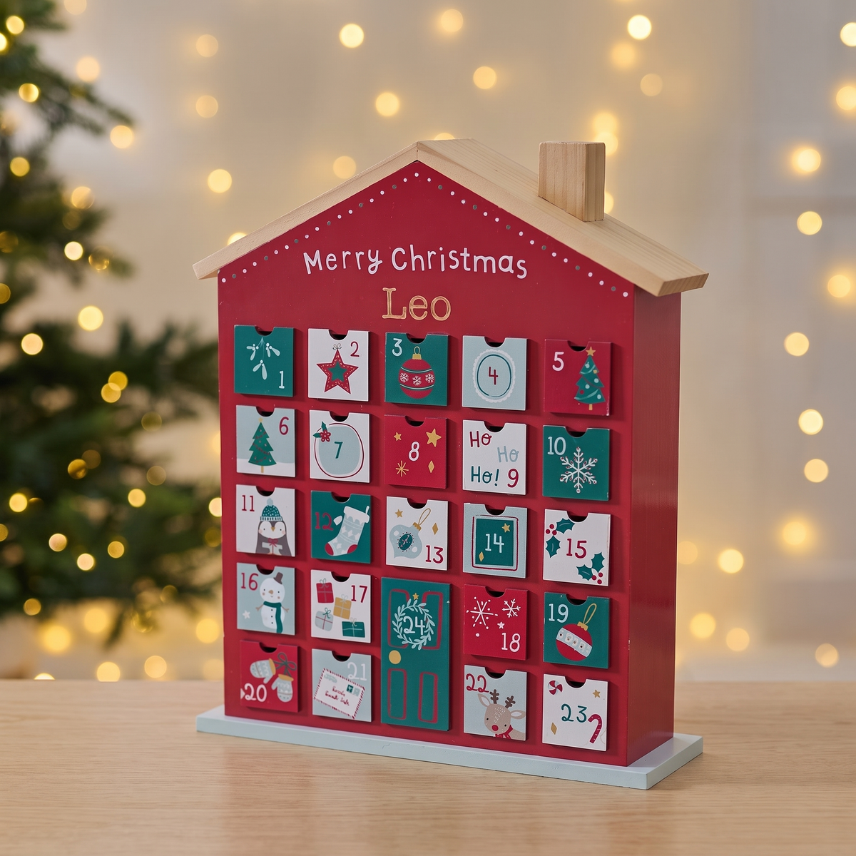 Little Teekie Personalised Advent Calendar House | 24 Drawers, W28 x H38 x D8cm – Red & Green – personalisation detail