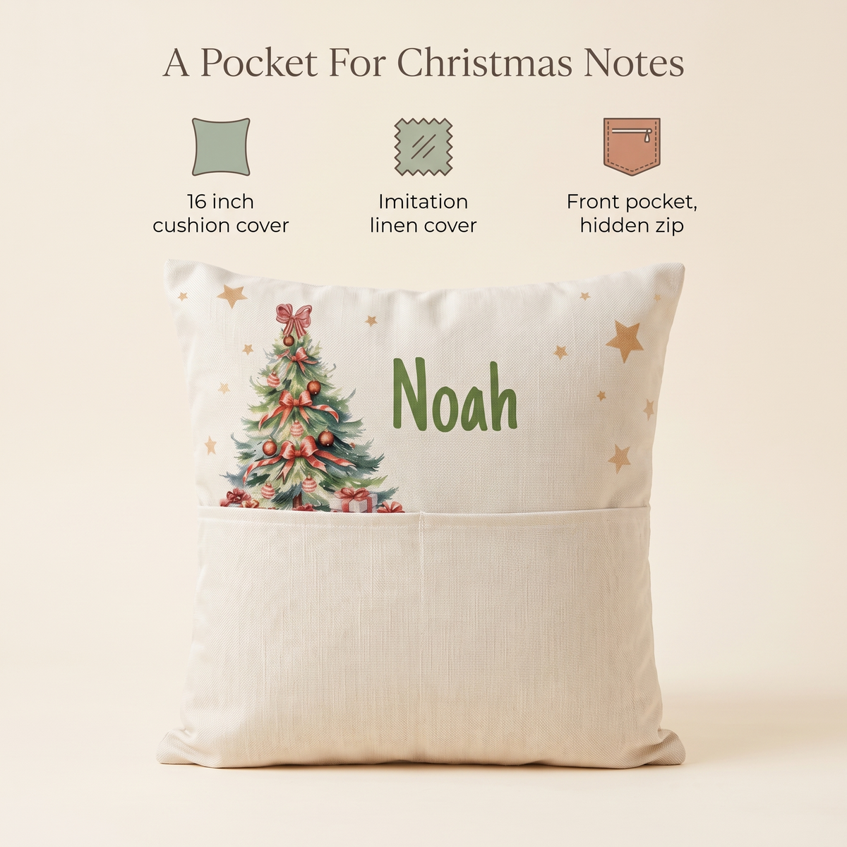 Little Teekie Personalised Elf Christmas Cushion | Front Pocket, 40cm with Insert – Natural – key features