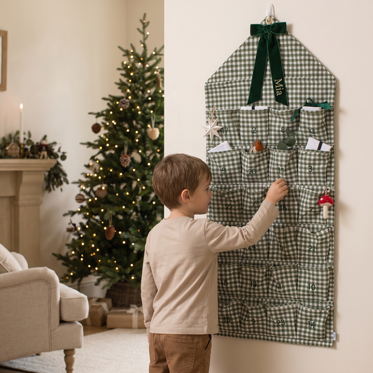 Little Teekie Personalised Gingham Advent Calendar | Velvet Bow Name, 120x50cm – Green – in use, shows scale