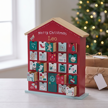 Little Teekie Personalised Advent Calendar House | 24 Drawers, W28 x H38 x D8cm – Red & Green – what's included