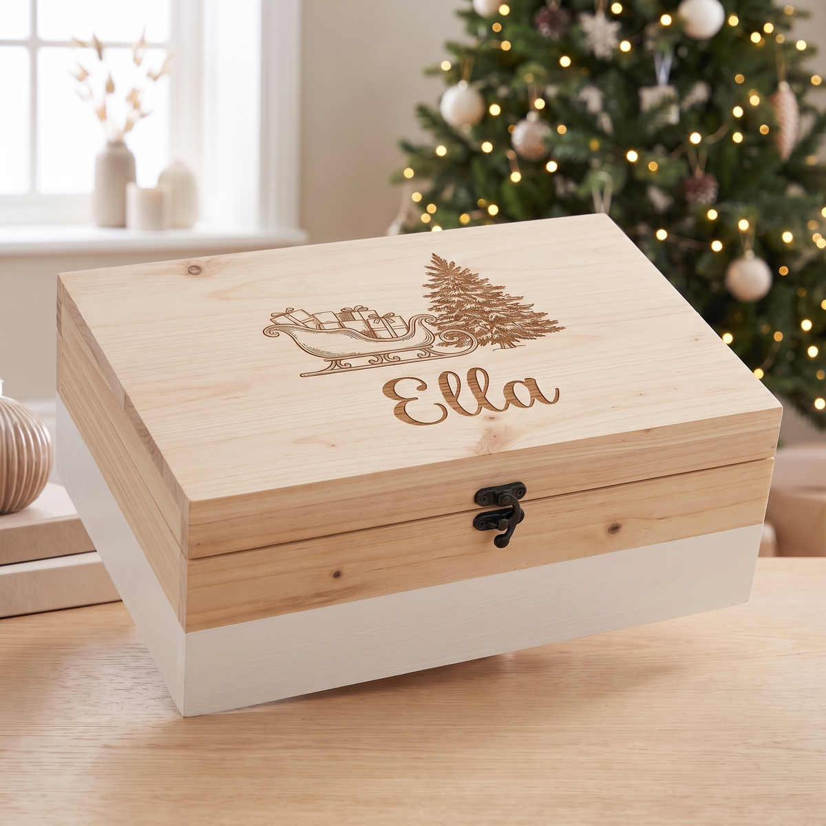 Little Teekie Personalised Santa Sleigh Christmas Eve Box | Engraved Name, 34x24x12cm – Natural – personalisation detail
