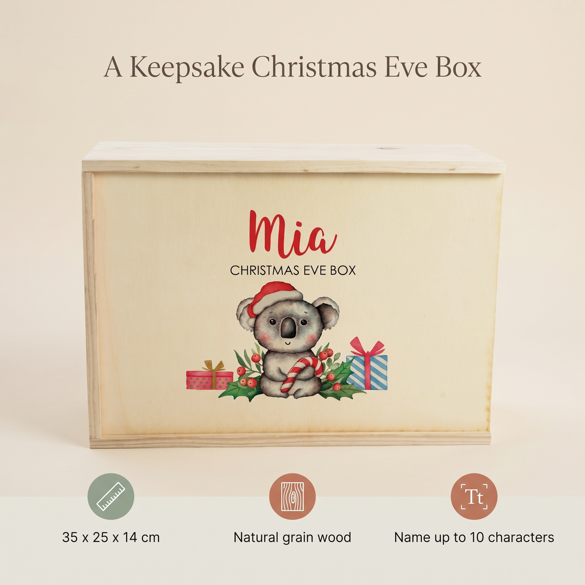 Little Teekie Personalised Christmas Eve Box | Printed Koala, 35x25x14cm – Natural Wood – key features