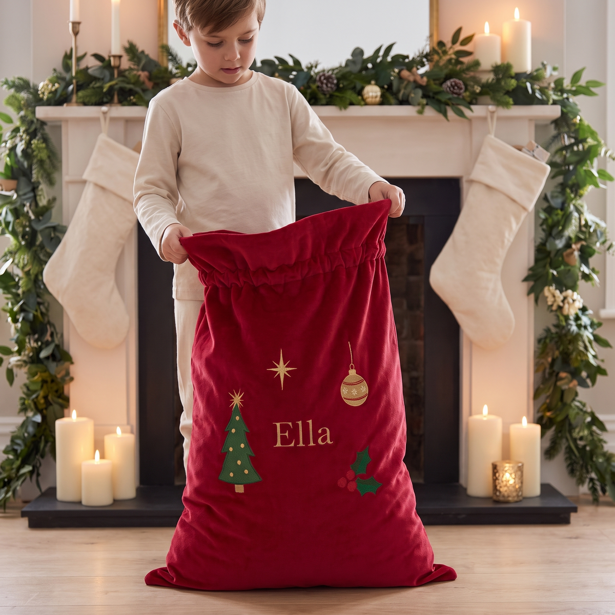 Little Teekie Personalised Embroidered Christmas Sack | L71 x W45cm Velvet – Red – in use, shows scale