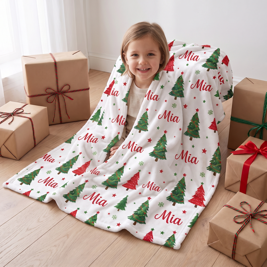Little Teekie Personalised Christmas Blanket | Printed Name, 350gsm Fleece – Choose Your Colour – in use, shows scale