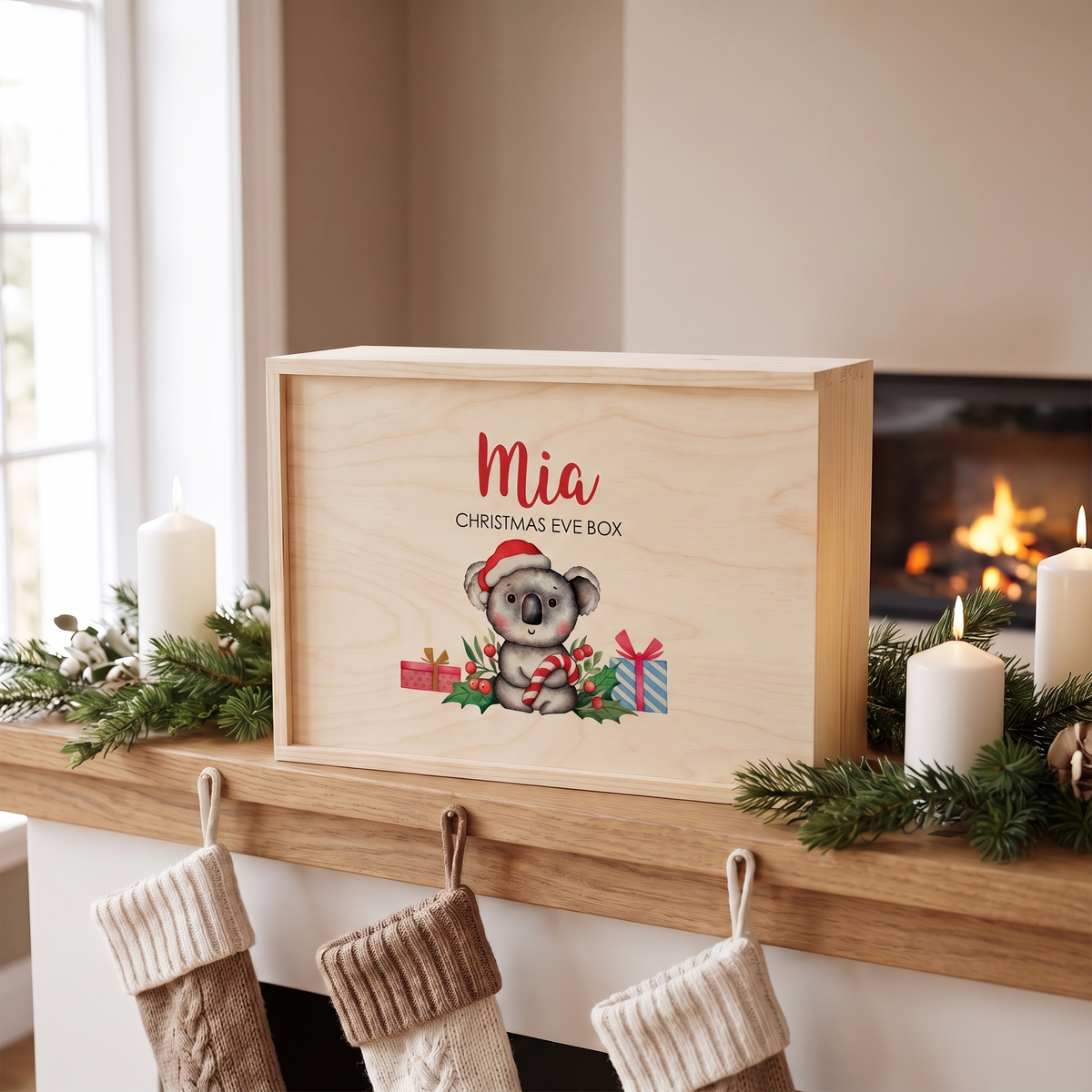 Little Teekie Personalised Christmas Eve Box | Printed Koala, 35x25x14cm – Natural Wood – personalisation detail