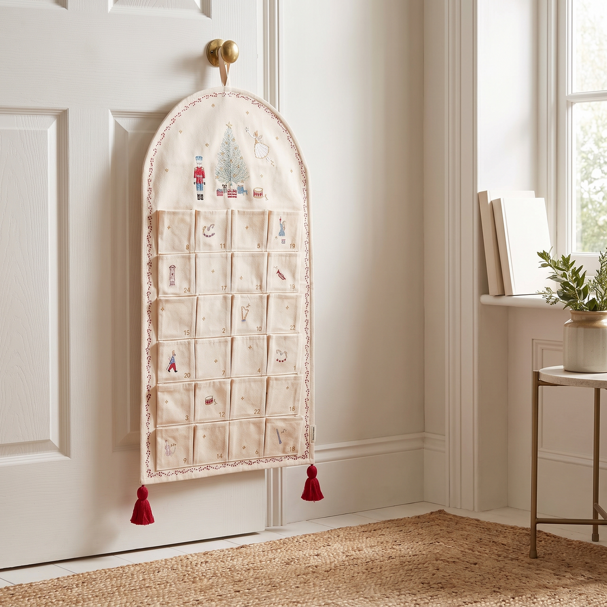 Little Teekie Fabric Advent Calendar | Embroidered Illustrations, Red Tassels – Nutcracker – styled in the home