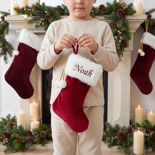 Little Teekie Personalised Velvet Christmas Stocking | Embroidered Name, Faux Fur – Burgundy – in use, shows scale