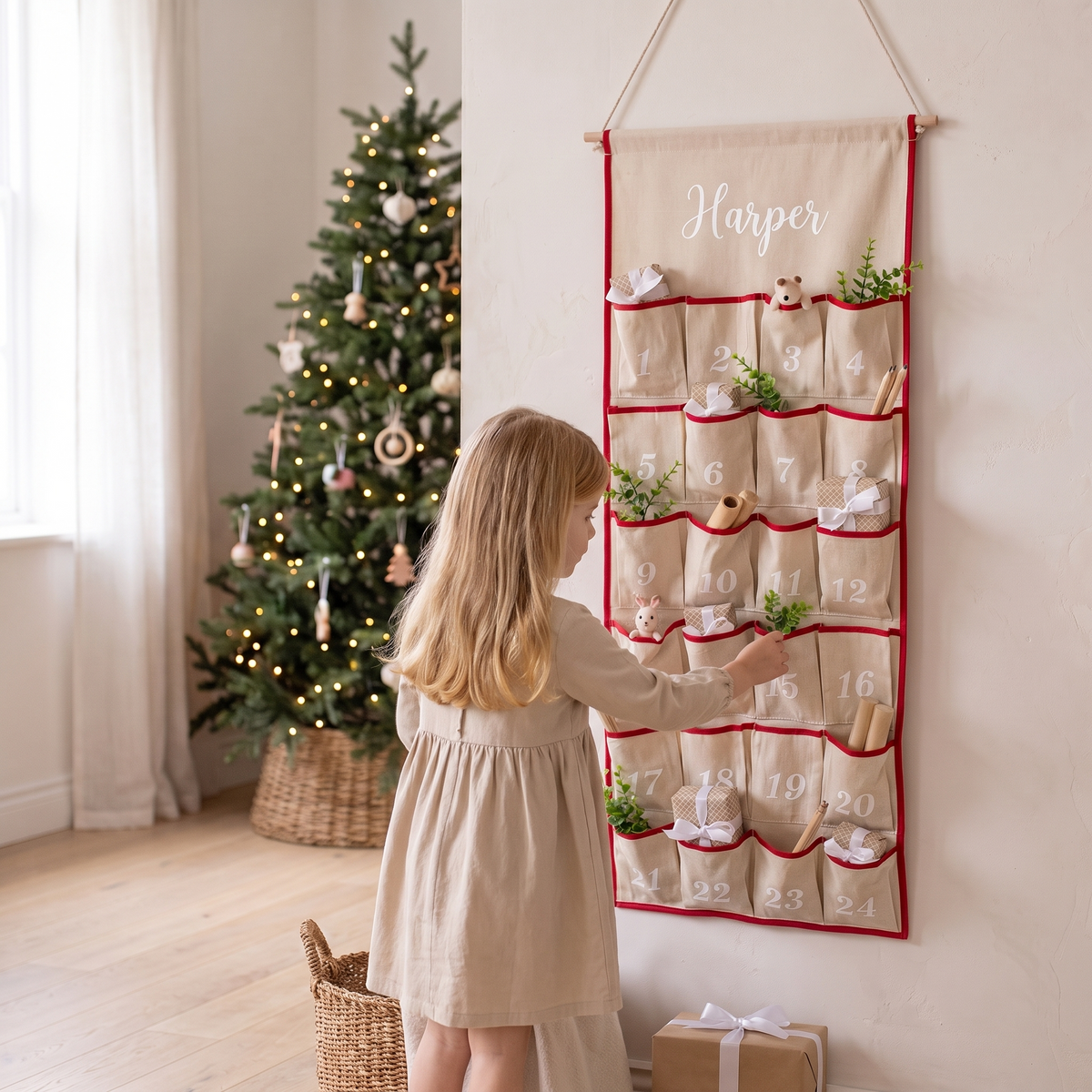 Little Teekie Personalised Canvas Advent Calendar | Embroidered Name, 46 x 100cm – Canvas – in use, shows scale
