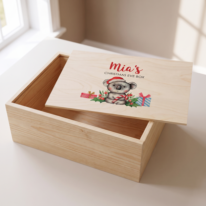 Little Teekie Personalised Christmas Eve Box | Printed Koala, 35x25x14cm – Natural Wood – what's included