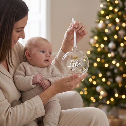 Little Teekie Personalised First Christmas Glass Bauble | Printed Name, Mini Tree – Clear Glass – in use, shows scale