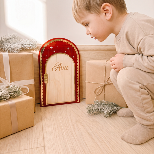 Little Teekie Personalised Elf Door | Engraved Name, Wood & Acrylic – Burgundy or Natural – in use, shows scale