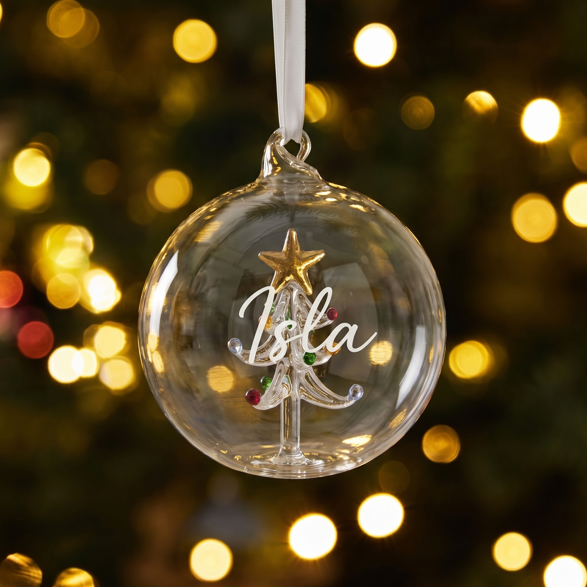 Little Teekie Personalised First Christmas Glass Bauble | Printed Name, Mini Tree – Clear Glass – personalisation detail