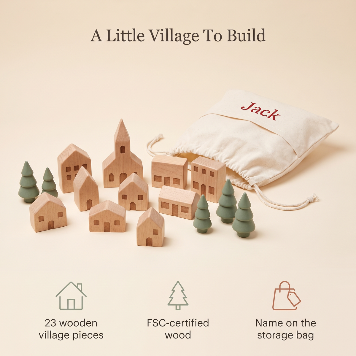 Little Teekie Personalised Christmas Village Block Set | 23 FSC Wood Pieces, Named Bag – Multi – key features
