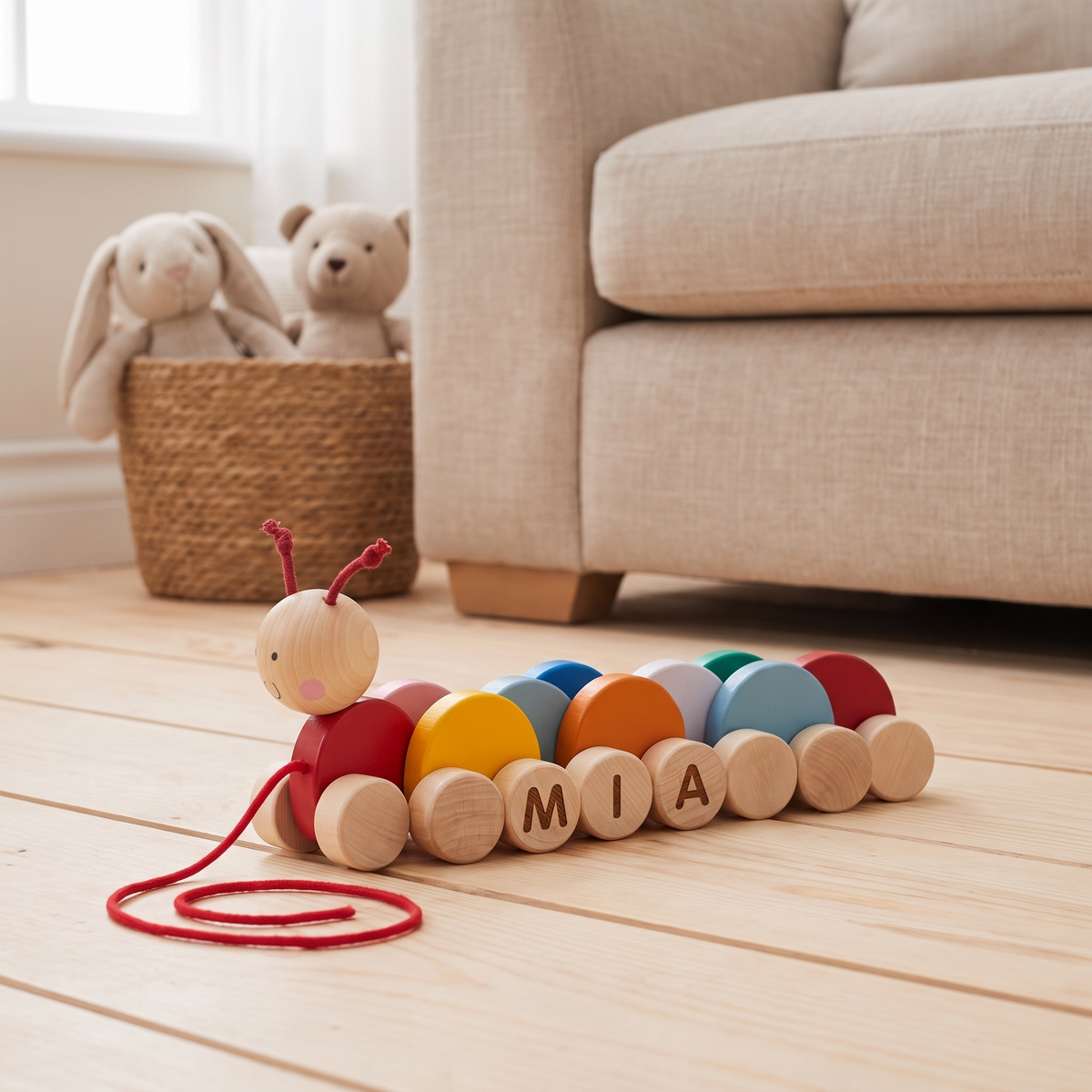 Little Teekie Personalised Wooden Pull Along Caterpillar | Engraved Name, Red Rope – Rainbow – lifestyle