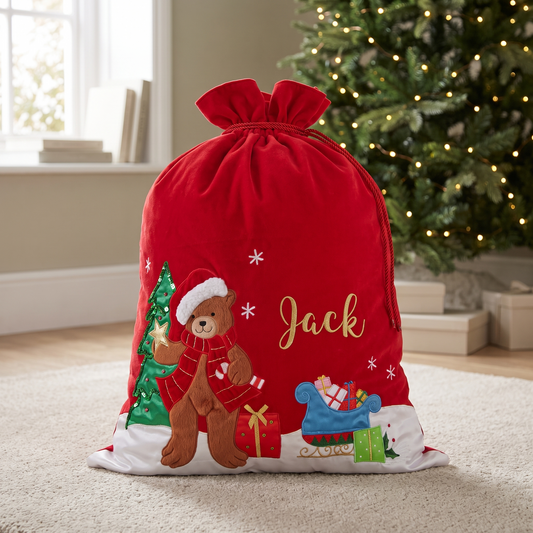 Little Teekie Personalised Deluxe Teddy Sack | Appliqued Teddy, 60x85cm – Red Velvet – lifestyle