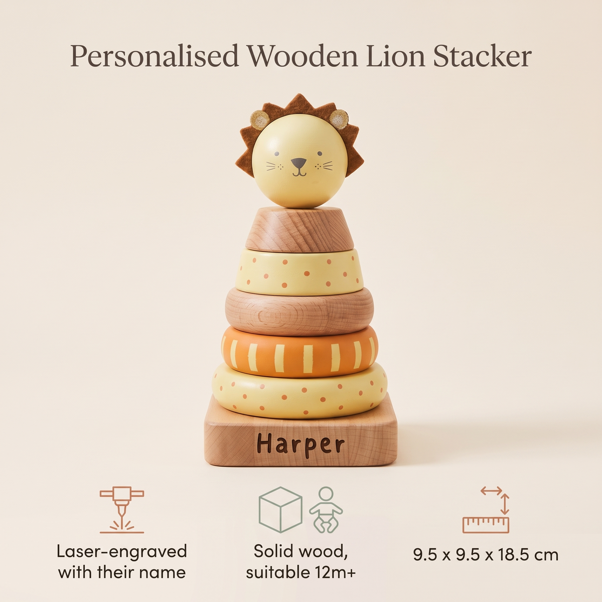 Little Teekie Personalised Wooden Lion Stacker | Engraved Name, 18.5cm Tall – Yellow – key features