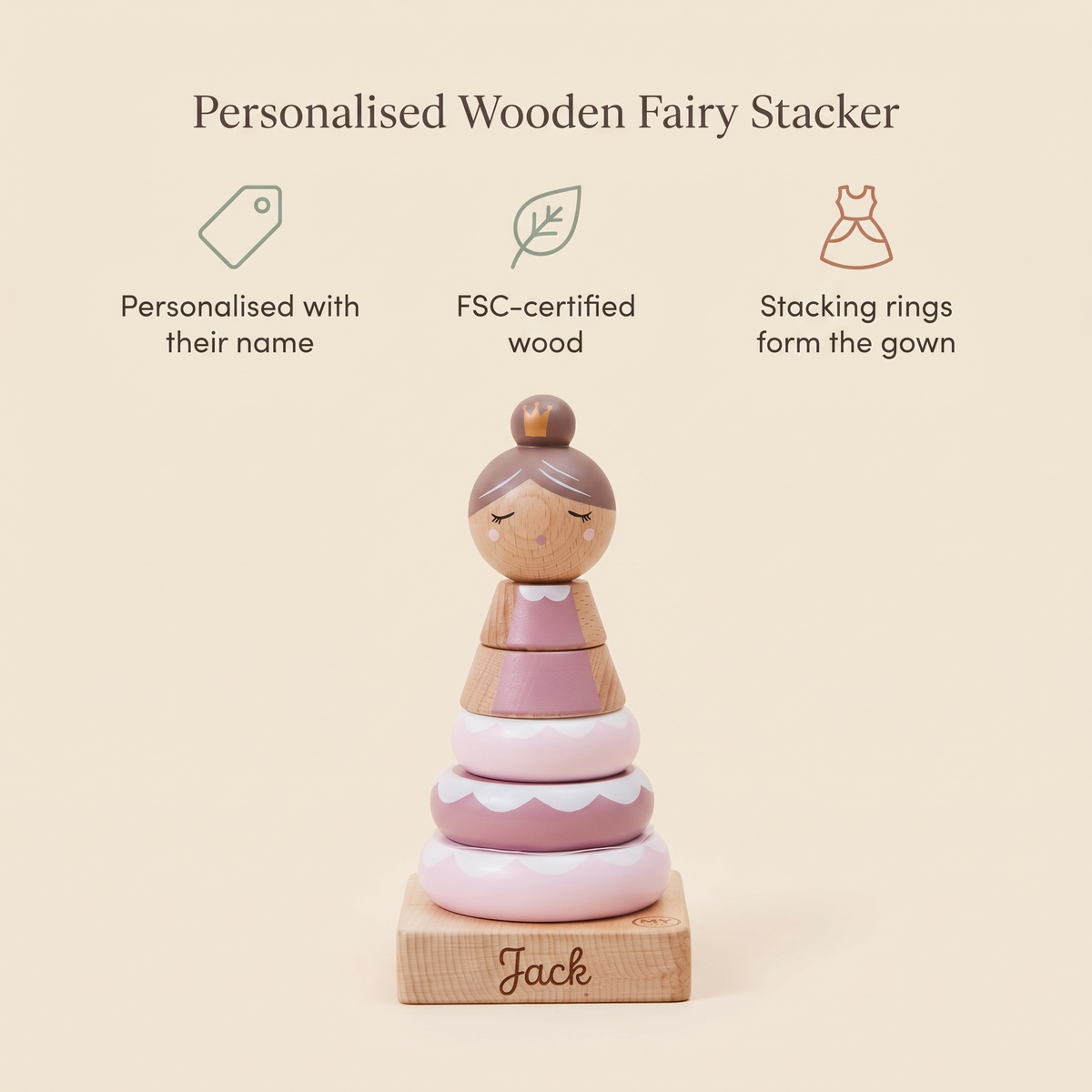 Little Teekie Personalised Wooden Fairy Stacker | Stacking Ring Gown, Name Detail – Pink – key features