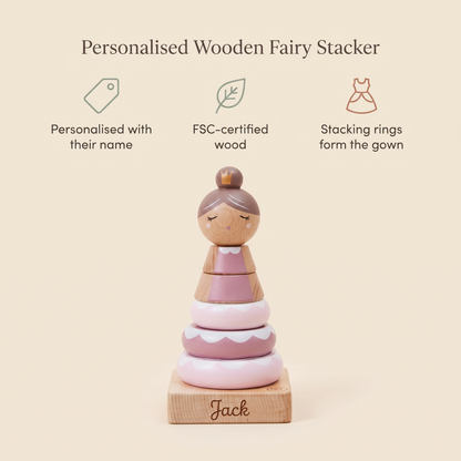 Little Teekie Personalised Wooden Fairy Stacker | Stacking Ring Gown, Name Detail – Pink – key features