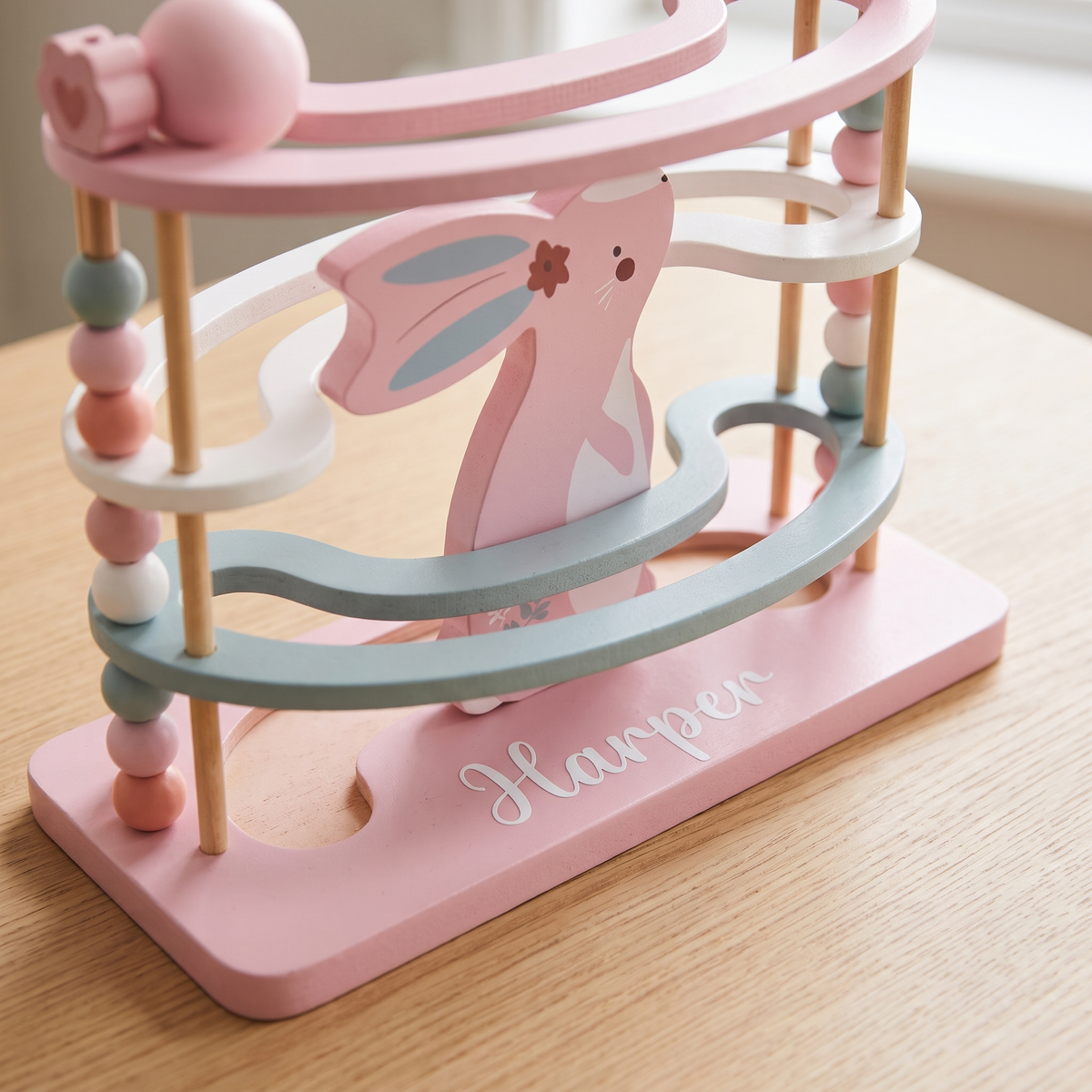 Little Teekie Personalised Wooden Bunny Ball Runner | Name Detail, 31cm Four-Storey – Blue – personalisation detail