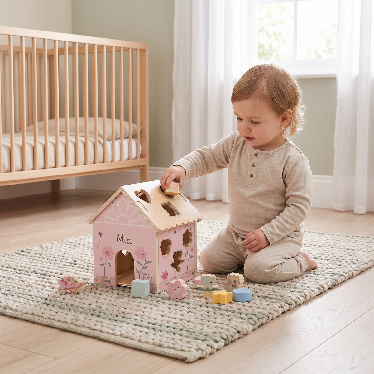 Little Teekie Personalised Wooden Greenhouse Shape Sorter | Printed Name, 21.7cm – Pastel Pink – in use, shows scale