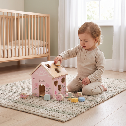 Little Teekie Personalised Wooden Greenhouse Shape Sorter | Printed Name, 21.7cm – Pastel Pink – in use, shows scale