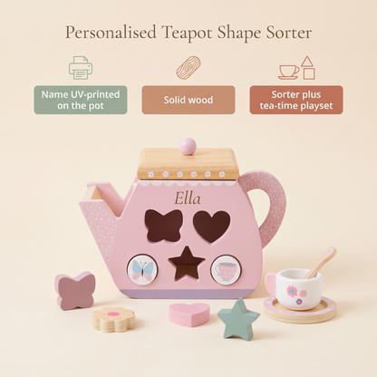 Little Teekie Personalised Wooden Teapot Shape Sorter | Printed Name, Tea Playset – Pink – key features