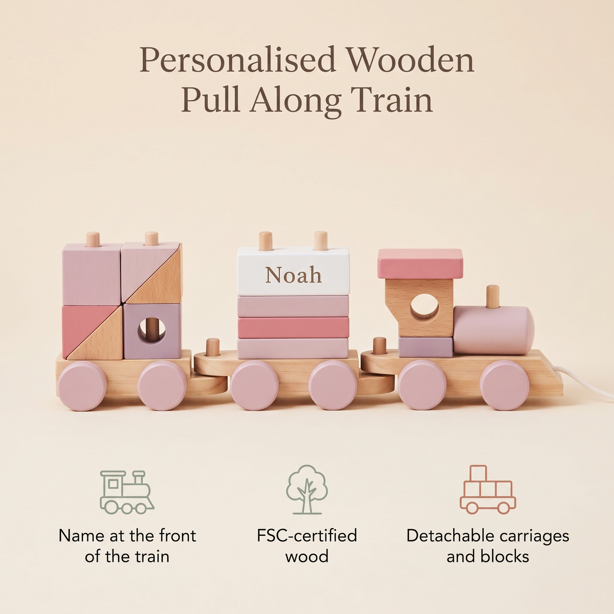 Little Teekie Personalised Wooden Pull Along Train | Stacking Blocks, Detachable Carriages – Pink – key features