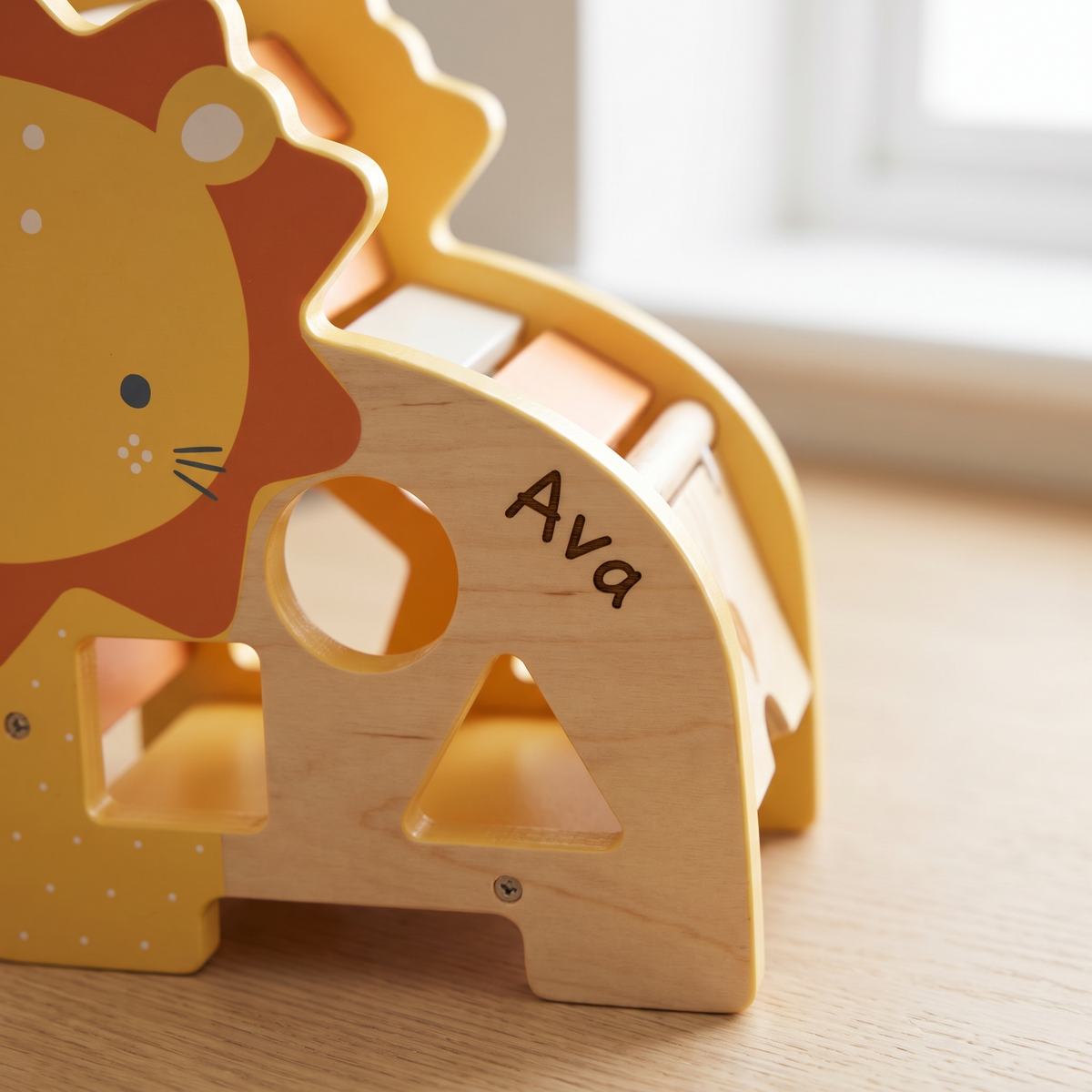 Little Teekie Personalised Wooden Lion Shape Sorter | Engraved Name, FSC Timber – Multicolour – personalisation detail