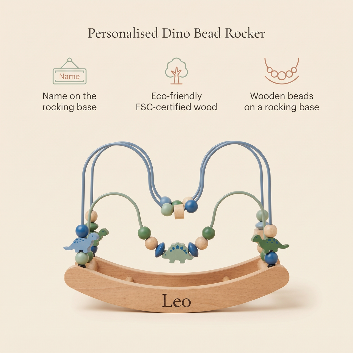 Little Teekie Personalised Wooden Dino Rocking Bead Toy | Name on Base, FSC Timber – key features