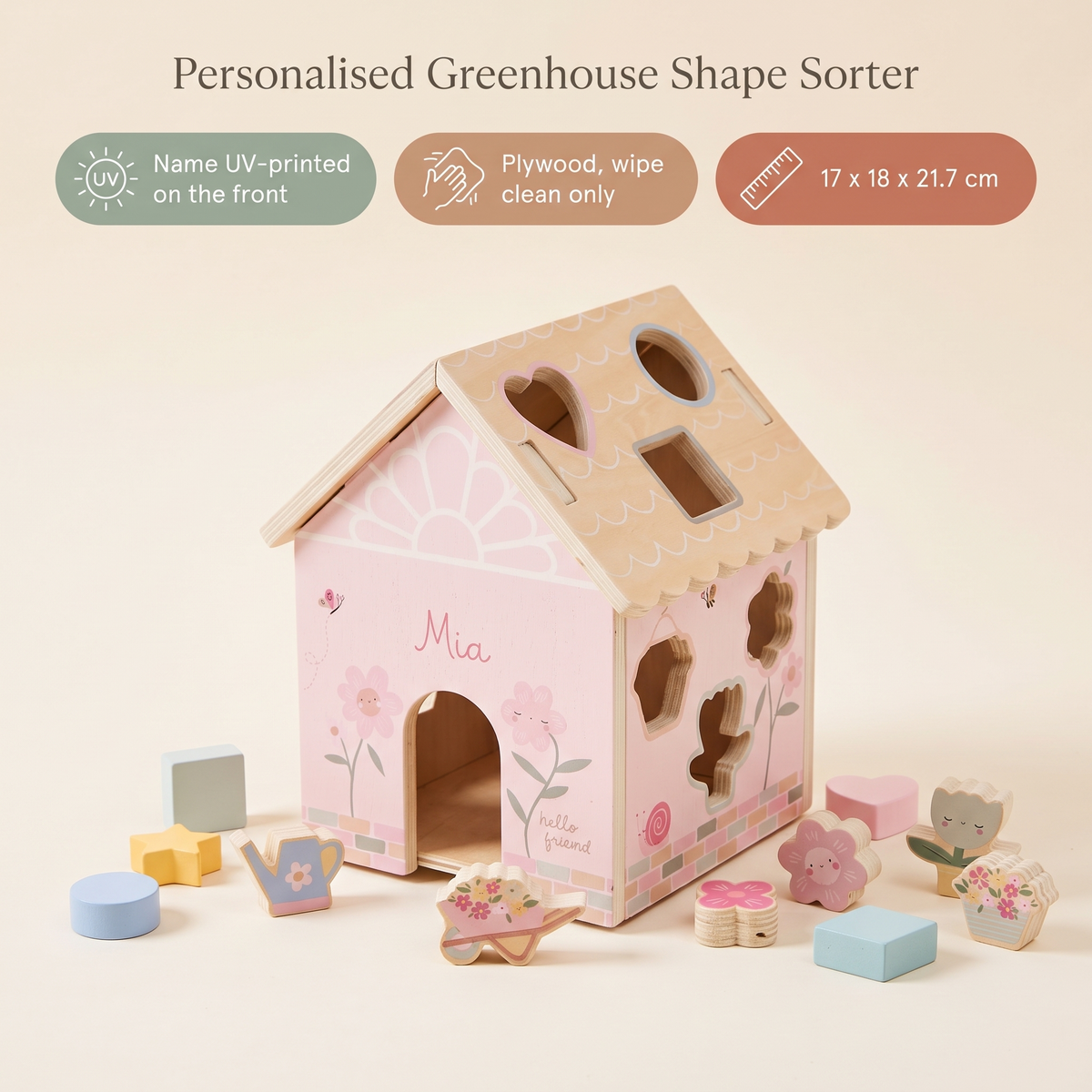 Little Teekie Personalised Wooden Greenhouse Shape Sorter | Printed Name, 21.7cm – Pastel Pink – key features