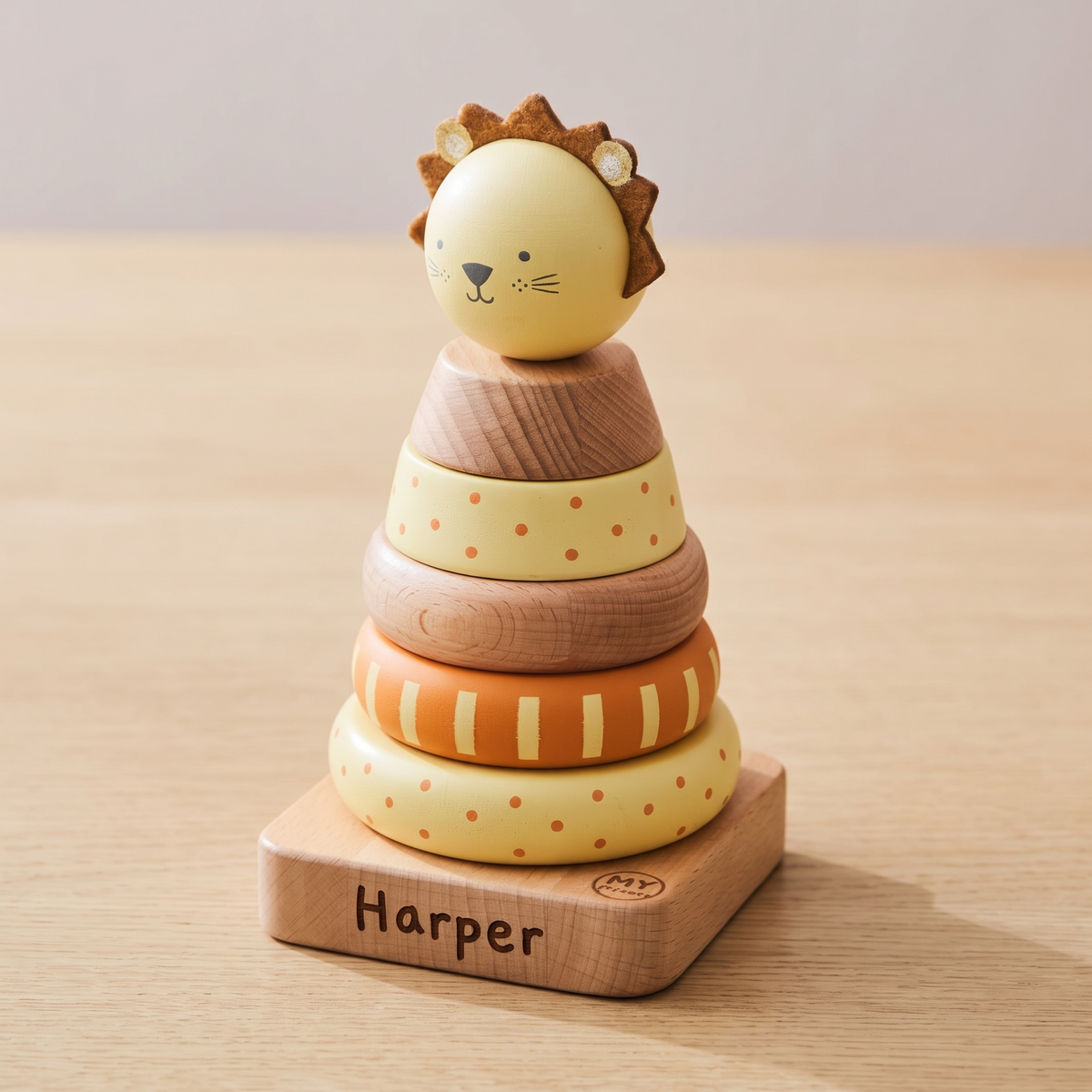 Little Teekie Personalised Wooden Lion Stacker | Engraved Name, 18.5cm Tall – Yellow – personalisation detail