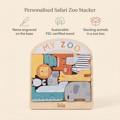 Little Teekie Personalised Wooden Safari Stacker Puzzle | Engraved Name, Zoo Box – Multicolour – key features