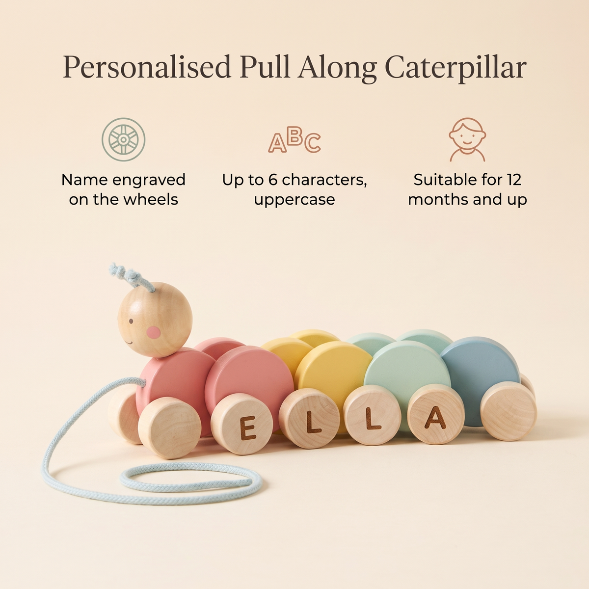 Little Teekie Personalised Wooden Pull Along Caterpillar | Engraved Name, Cherry Wood – Rainbow – key features