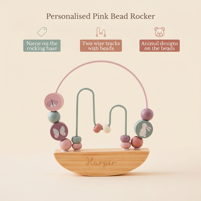 Little Teekie Personalised Wooden Rocking Bead Activity Toy | Animal Beads, Name Detail – Pink – key features