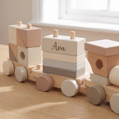 Little Teekie Personalised Wooden Pull Along Train | Stacking Shapes, Name Detail – Neutral – personalisation detail