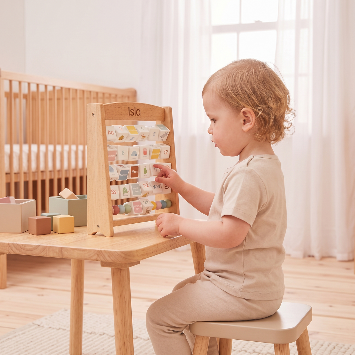Little Teekie Personalised Wooden Alphabet Abacus | Engraved Name, 29cm Tall – in use, shows scale