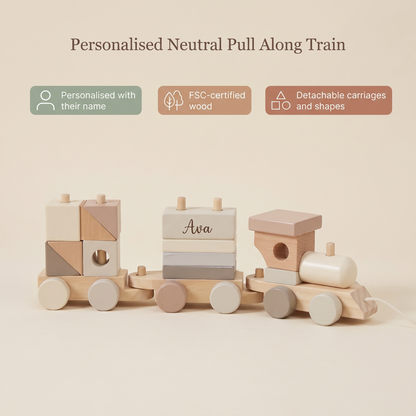 Little Teekie Personalised Wooden Pull Along Train | Stacking Shapes, Name Detail – Neutral – key features