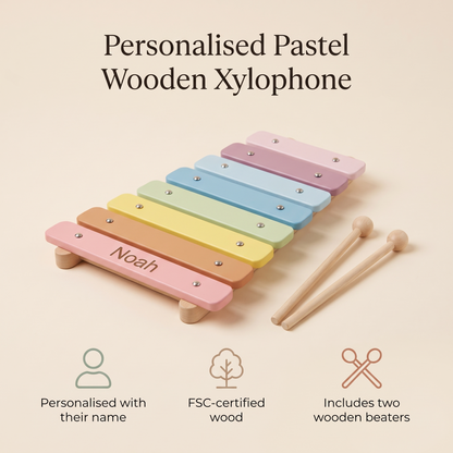 Little Teekie Personalised Wooden Xylophone | Two Beaters, Name Detail – Pastel Multicolour – key features