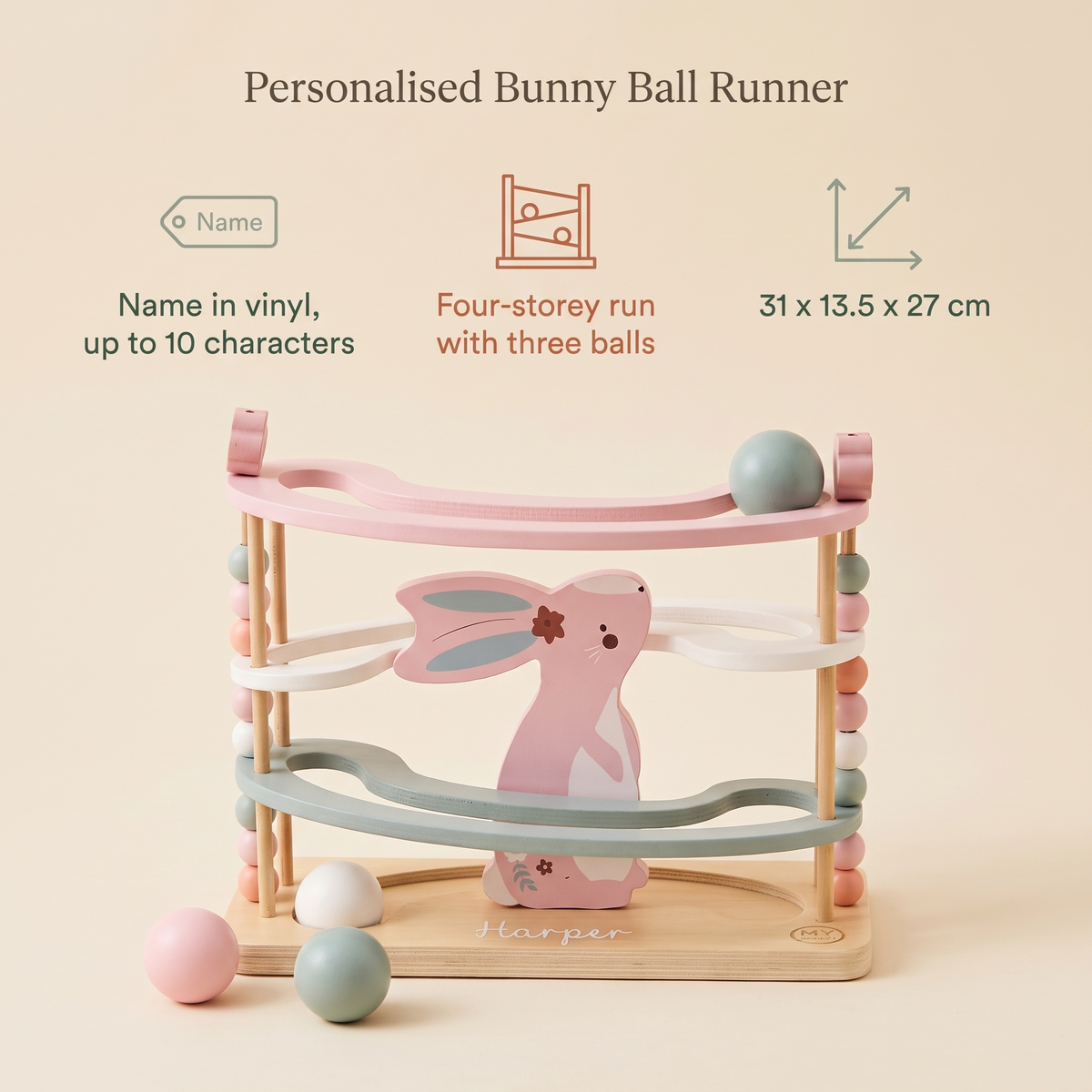 Little Teekie Personalised Wooden Bunny Ball Runner | Name Detail, 31cm Four-Storey – Blue – key features