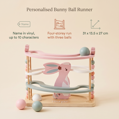 Little Teekie Personalised Wooden Bunny Ball Runner | Name Detail, 31cm Four-Storey – Blue – key features