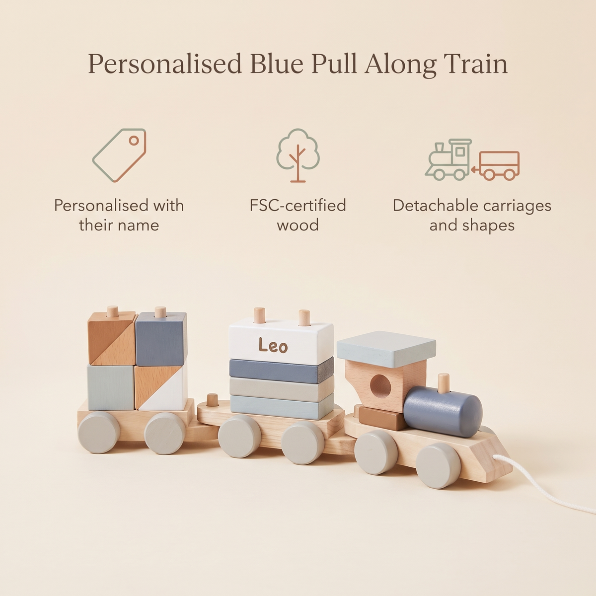 Little Teekie Personalised Wooden Pull Along Train | Stacking Shapes, Name Detail – Blue – key features